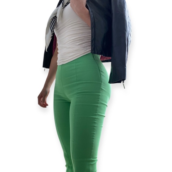 Zara Split Hem Full Length Green High Rise Stretch Leggings Trousers Pants - Picture 1 of 7